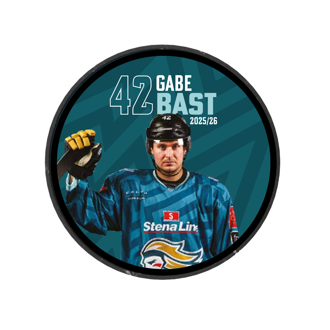 The 2025-26 Player Puck by Belfast Giants features Gabe Bast (#42) in a blue Stena Line jersey with stick and helmet. Ideal for fans and collectors!.