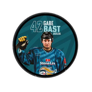 The 2025-26 Player Puck by Belfast Giants features Gabe Bast (#42) in a blue Stena Line jersey with stick and helmet. Ideal for fans and collectors!.