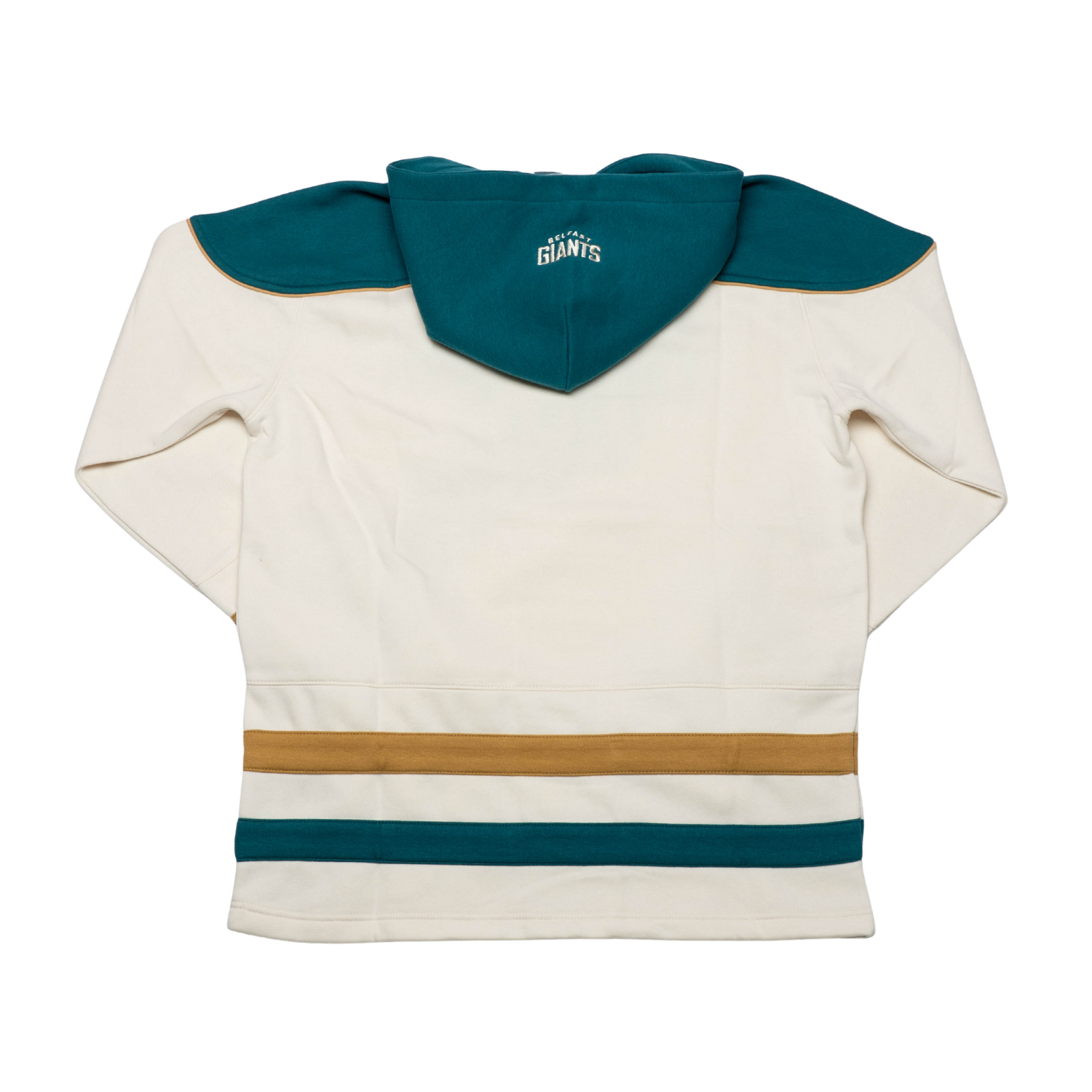 The Belfast Giants Hockey Lace Off-White hoodie by Belfast Giants features a cream color with teal and tan stripes at the bottom, teal shoulder accents, and a teal hood with a small logo—highlighted flat to show its vintage hockey style from the back.