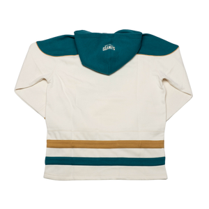 The Belfast Giants Hockey Lace Off-White hoodie by Belfast Giants features a cream color with teal and tan stripes at the bottom, teal shoulder accents, and a teal hood with a small logo—highlighted flat to show its vintage hockey style from the back.