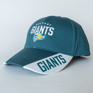The Belfast Giants Cap Teal and White Brim by Belfast Giants features the team name and logo on the front, with GIANTS printed on the bill.