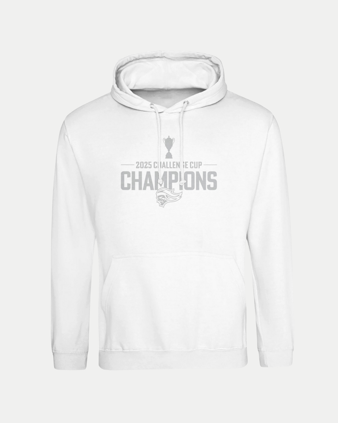 The Belfast Giants Made To Order Challenge Cup 2025 Champions Pullover Hoodie in white features a front pocket, drawstrings, and a gray trophy graphic—perfect for everyday comfort.
