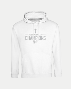 The Belfast Giants Made To Order Challenge Cup 2025 Champions Pullover Hoodie in white features a front pocket, drawstrings, and a gray trophy graphic—perfect for everyday comfort.