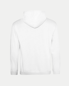 The white Belfast Giants Made To Order Challenge Cup 2025 Champions Pullover Hoodie features a unisex fit with long sleeves and a hood, shown from the back with no visible designs or logos against a light gray background.