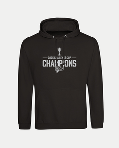 Celebrate the Belfast Giants' 2025 Challenge Cup win in this black, made-to-order pullover hoodie—featuring bold white "Champions" text, trophy icon, eagle logo, and ultra-soft unisex fit for top comfort and style.