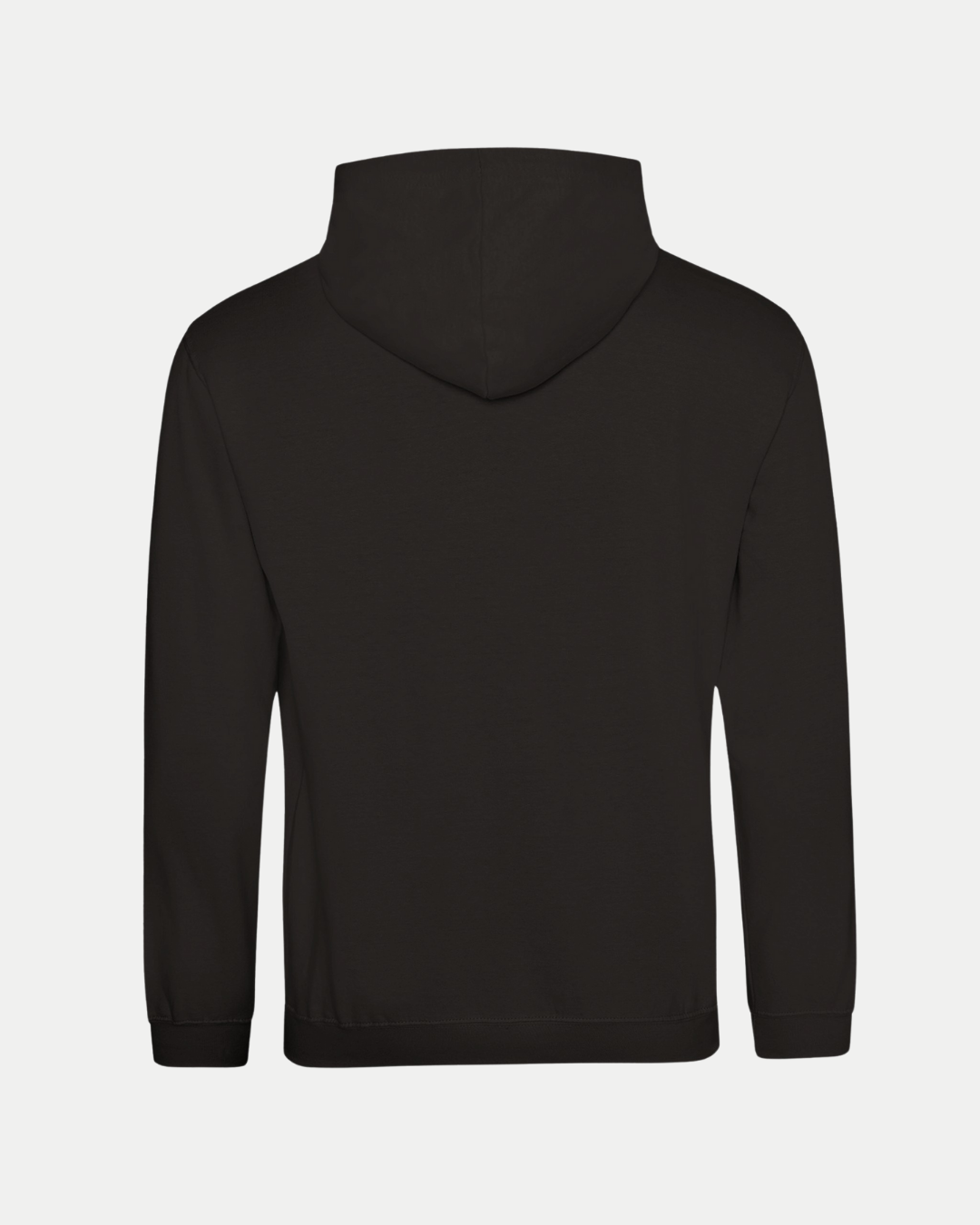 Back view of the Belfast Giants Made To Order Challenge Cup 2025 Champions Black Pullover Hoodie, featuring a unisex fit, long sleeves, ribbed cuffs, straight hem, and soft feel. Hood is up with no visible logos or pockets.