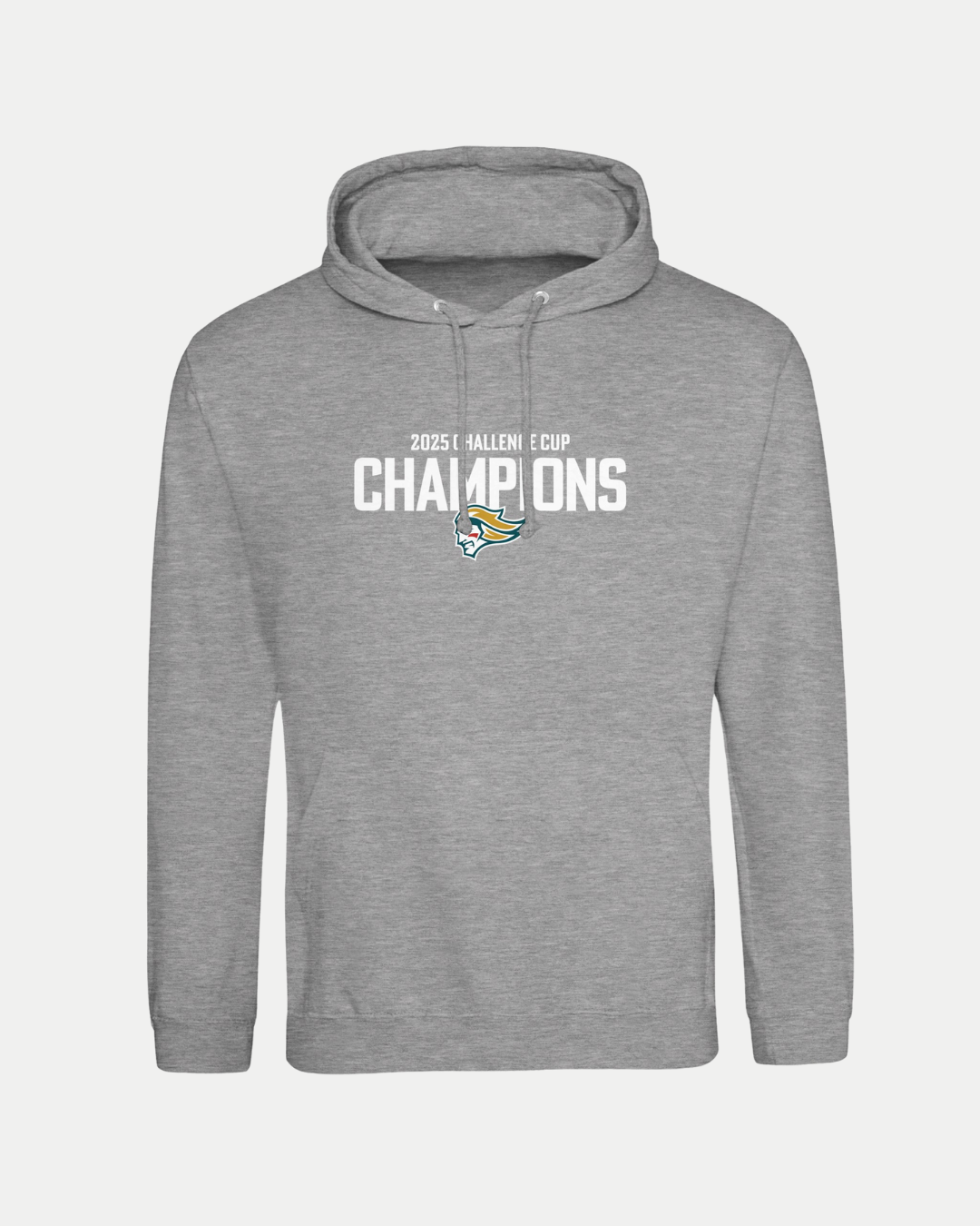 The Belfast Giants Made To Order Challenge Cup Champions 2025 Pullover Hoodie in grey features a super soft unisex fit, “2025 Hallen Cup Champions” in white on the front, and a stylized eagle logo beneath “Champions.”.