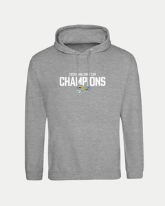 The Belfast Giants Made To Order Challenge Cup Champions 2025 Pullover Hoodie in grey features a super soft unisex fit, “2025 Hallen Cup Champions” in white on the front, and a stylized eagle logo beneath “Champions.”.