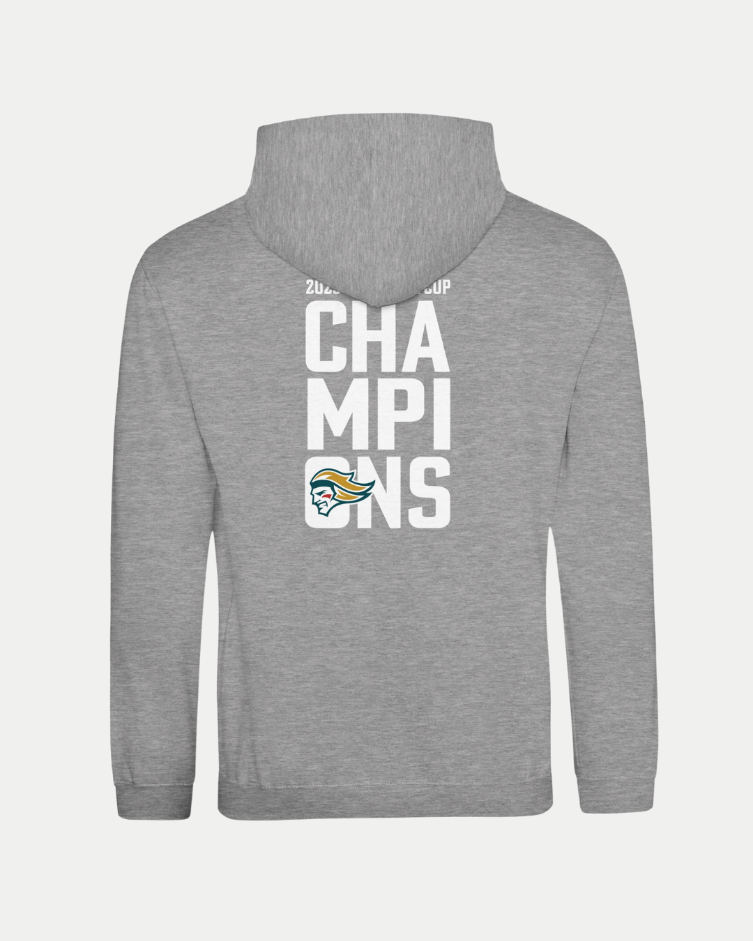 The Belfast Giants Made To Order Challenge Cup Champions 2025 Pullover Hoodie in grey features a super soft, classic unisex fit, bold white "2025 CHAMPIONS" on the back, and a stylized team helmet logo beneath the text.