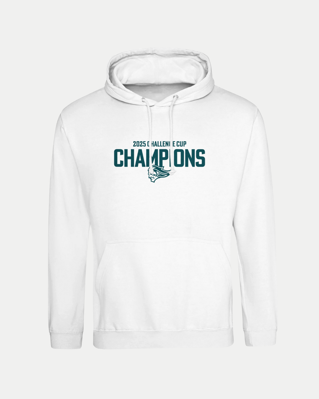 The Belfast Giants Made To Order Challenge Cup Champions 2025 Pullover Hoodie in white features “2025 Hallen Cup Champions” in dark green and a stylized animal logo under "Champions," with a cozy unisex fit for all.