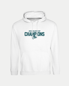 The Belfast Giants Made To Order Challenge Cup Champions 2025 Pullover Hoodie in white features “2025 Hallen Cup Champions” in dark green and a stylized animal logo under "Champions," with a cozy unisex fit for all.