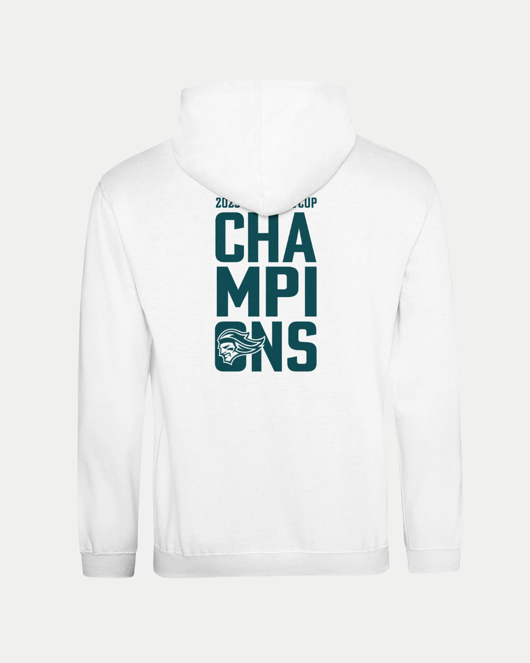 The Belfast Giants Made To Order Challenge Cup Champions 2025 Pullover Hoodie in white features a classic unisex fit, dark green "2025 CHALLENGE CUP CHAMPIONS" text stacked vertically on the back, and a stylized mascot logo below.