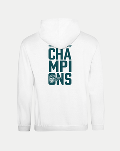 The Belfast Giants Made To Order Challenge Cup Champions 2025 Pullover Hoodie in white features a classic unisex fit, dark green "2025 CHALLENGE CUP CHAMPIONS" text stacked vertically on the back, and a stylized mascot logo below.
