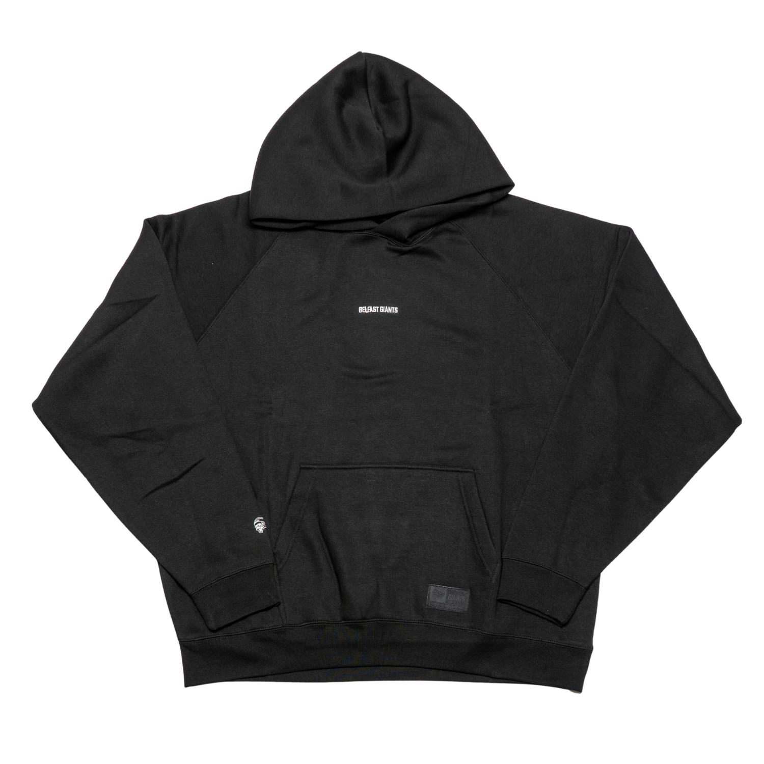 The Belfast Giants Hoodie Black Backprint by Belfast Giants is a black hoodie with a front pocket and small white REALIZE SHARKY chest text, subtly inspired by GIANTS graphics, shown on a white background.
