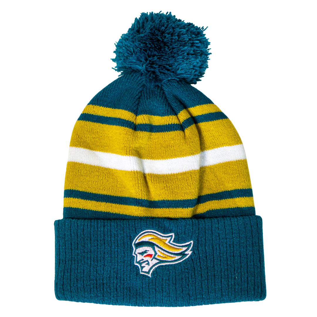 The Belfast Giants Hockey Beanie Striped Gold features teal, yellow, and white stripes, a pom top, a folded teal brim, and an embroidered Belfast Giants logo of a stylized head with yellow hair.