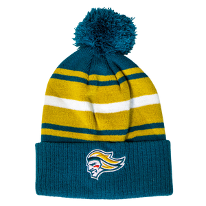 The Belfast Giants Hockey Beanie Striped Gold features teal, yellow, and white stripes, a pom top, a folded teal brim, and an embroidered Belfast Giants logo of a stylized head with yellow hair.
