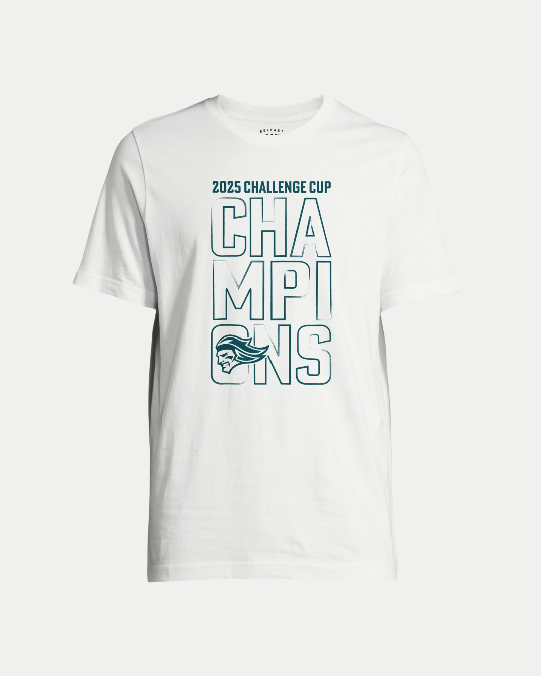 The Belfast Giants Made To Order Giants Victory 2025 Challenge Cup Champions T-shirt in white features "2025 CHALLENGE CUP CHAMPIONS" and a mascot graphic on the front—stylish, unique, and perfect for celebrating victory.