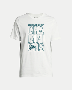 The Belfast Giants Made To Order Giants Victory 2025 Challenge Cup Champions T-shirt in white features "2025 CHALLENGE CUP CHAMPIONS" and a mascot graphic on the front—stylish, unique, and perfect for celebrating victory.