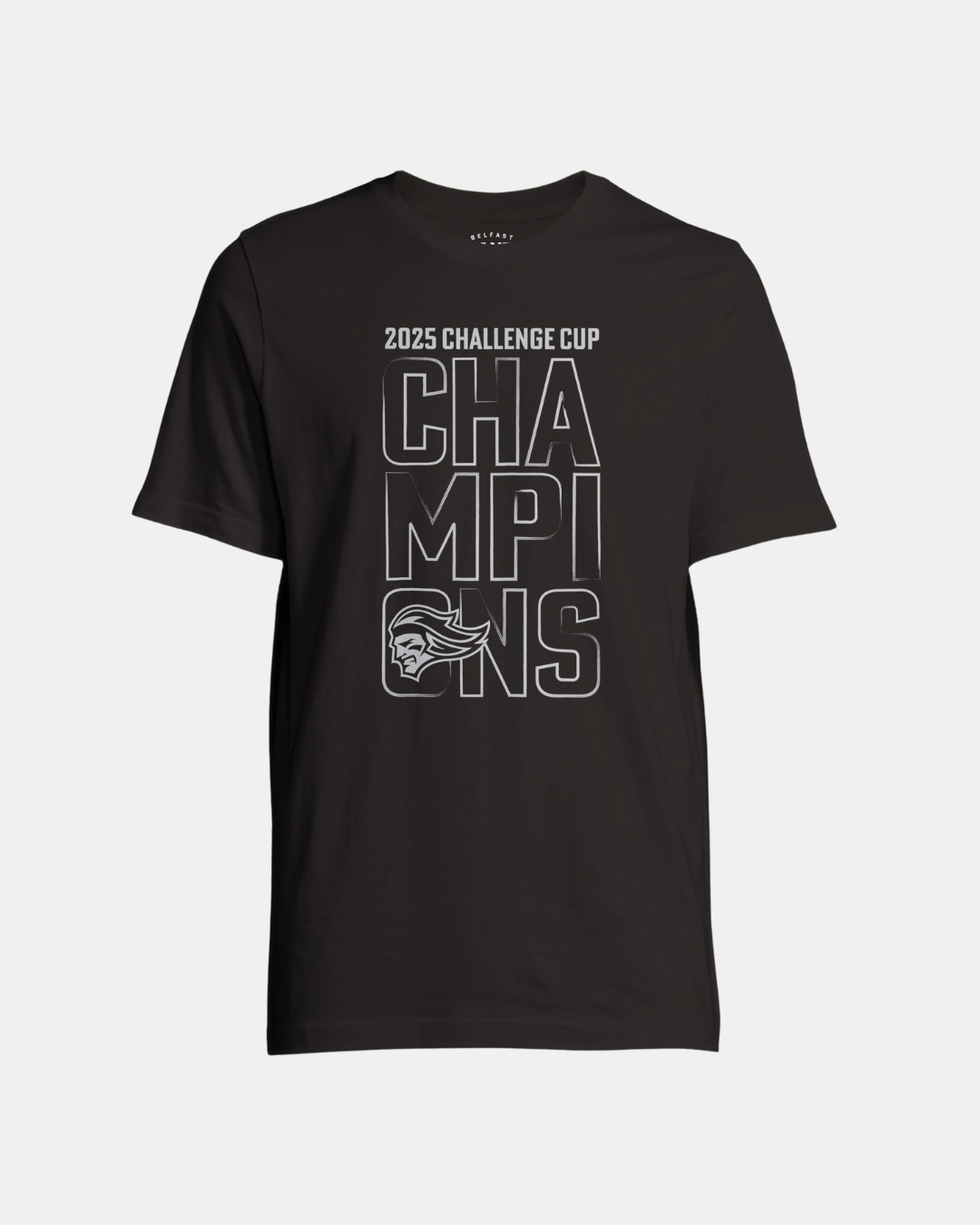 Celebrate in style with the black Made To Order Giants Victory 2025 Challenge Cup Champions T-shirt by Belfast Giants, featuring white "2025 Challenge Cup Champions" text with a warrior head logo. Eco-conscious design for passionate fans.