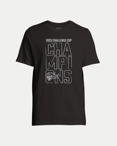 Celebrate in style with the black Made To Order Giants Victory 2025 Challenge Cup Champions T-shirt by Belfast Giants, featuring white "2025 Challenge Cup Champions" text with a warrior head logo. Eco-conscious design for passionate fans.