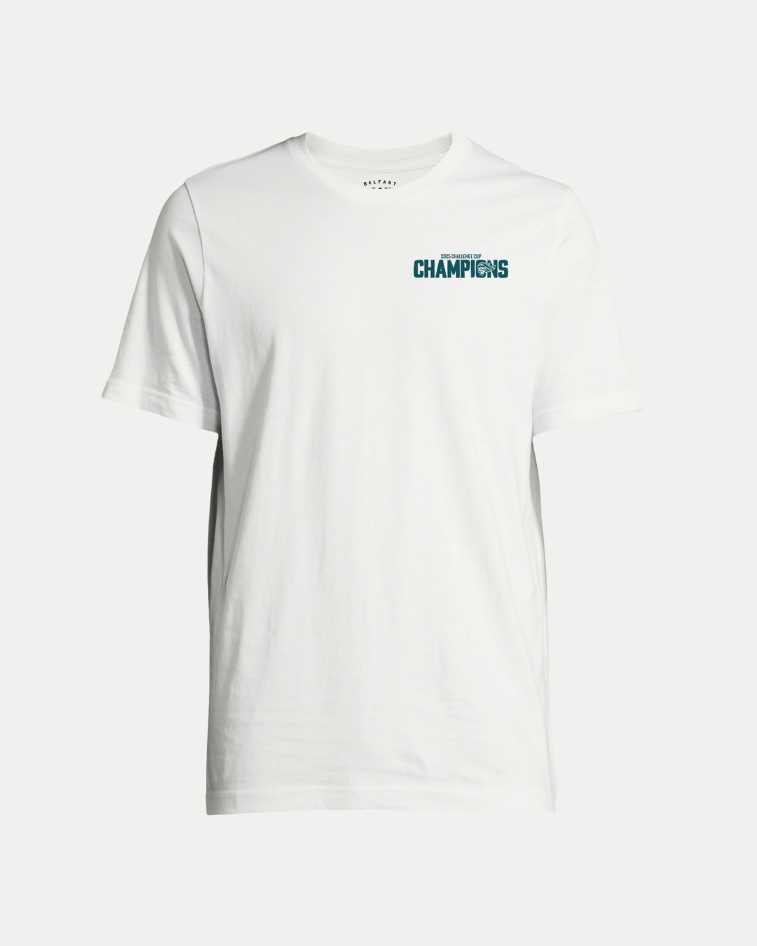 The Belfast Giants Made To Order Challenge Cup Champions 2025 T-shirt in white & green features "CHAMPIONS" in blue on the upper left chest. This eco-conscious unisex tee offers simple style and a positive message.