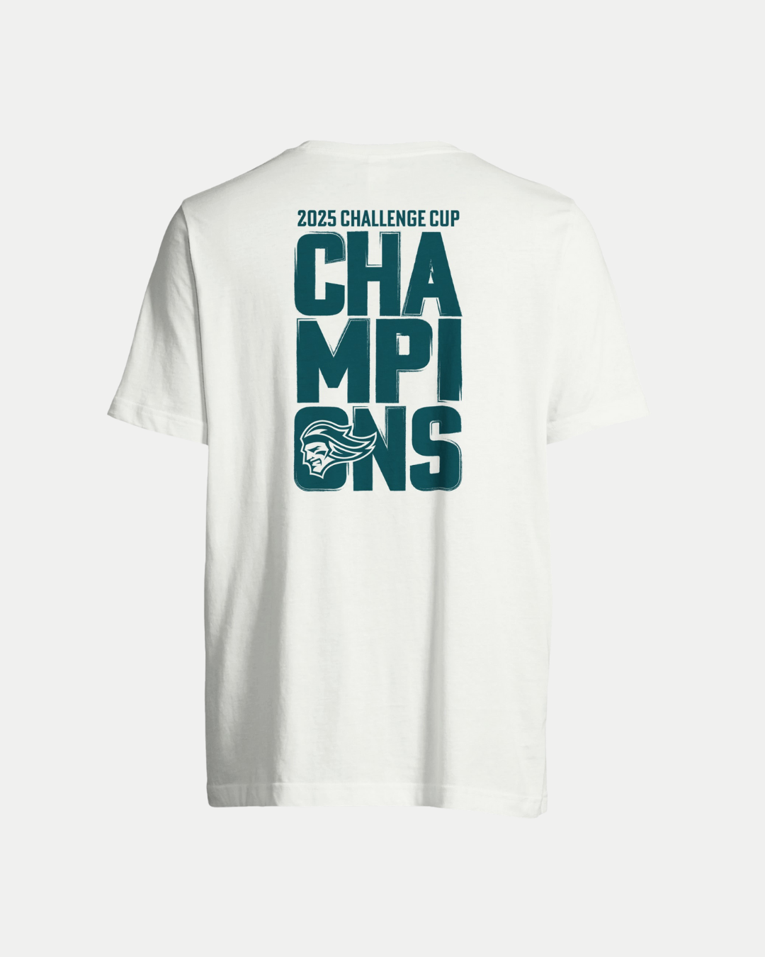 The Belfast Giants Made To Order Challenge Cup Champions 2025 T-shirt in white & green features a bold teal Spartan helmet logo on the back.