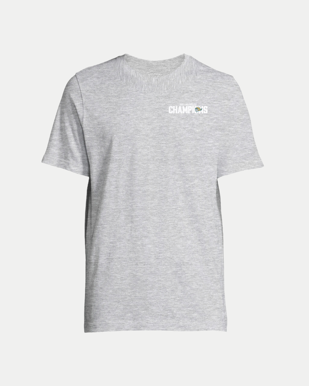 The Belfast Giants Made To Order Challenge Cup Champions 2025 Grey T-shirt features "CHAMPIONS" in white on the left chest with a small green and gold graphic. This eco-conscious unisex tee is stylish and comfortable for everyday wear.