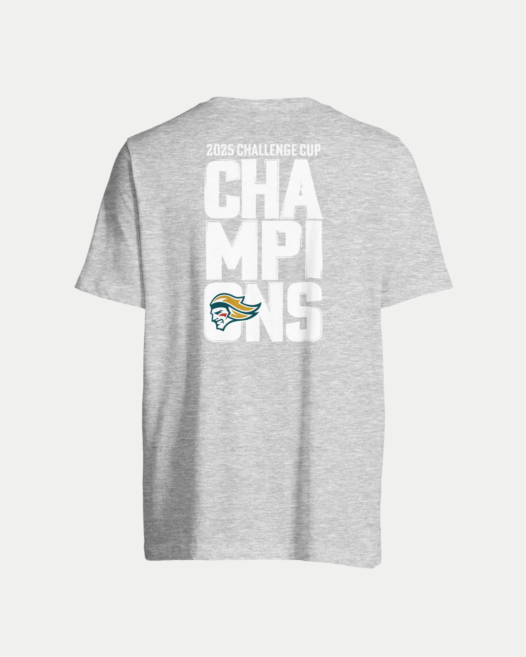 The Made To Order Belfast Giants Challenge Cup Champions 2025 T-shirt Grey by Belfast Giants features “2025 Challenge Cup Champions” on the back and a blue, gold, and green bird atop a skull in the center for stylish comfort.