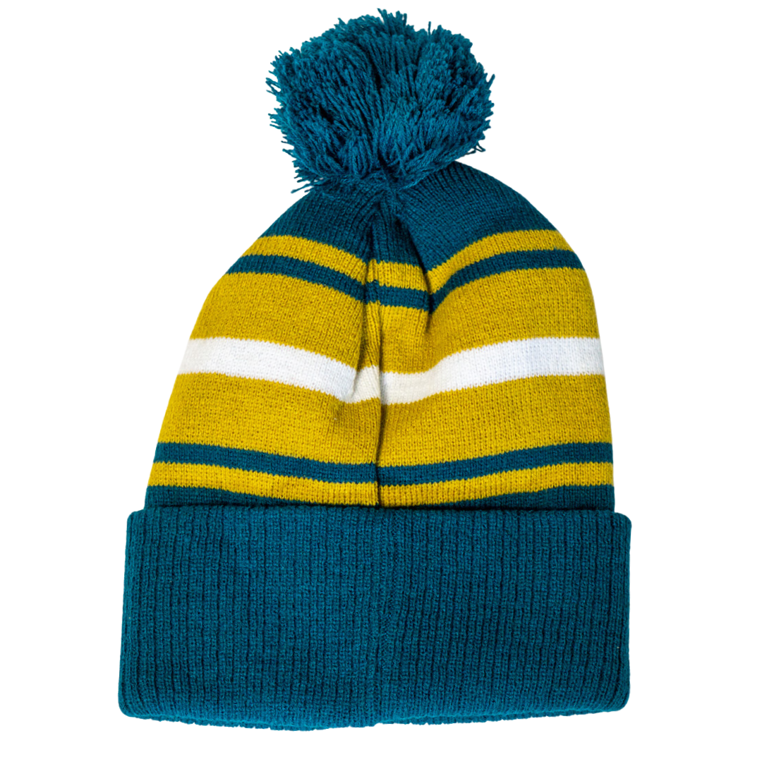 The Belfast Giants Hockey Beanie Striped Gold by Belfast Giants features a teal cuff, pom top, and yellow, teal, and white horizontal stripes.