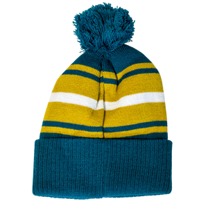 The Belfast Giants Hockey Beanie Striped Gold by Belfast Giants features a teal cuff, pom top, and yellow, teal, and white horizontal stripes.