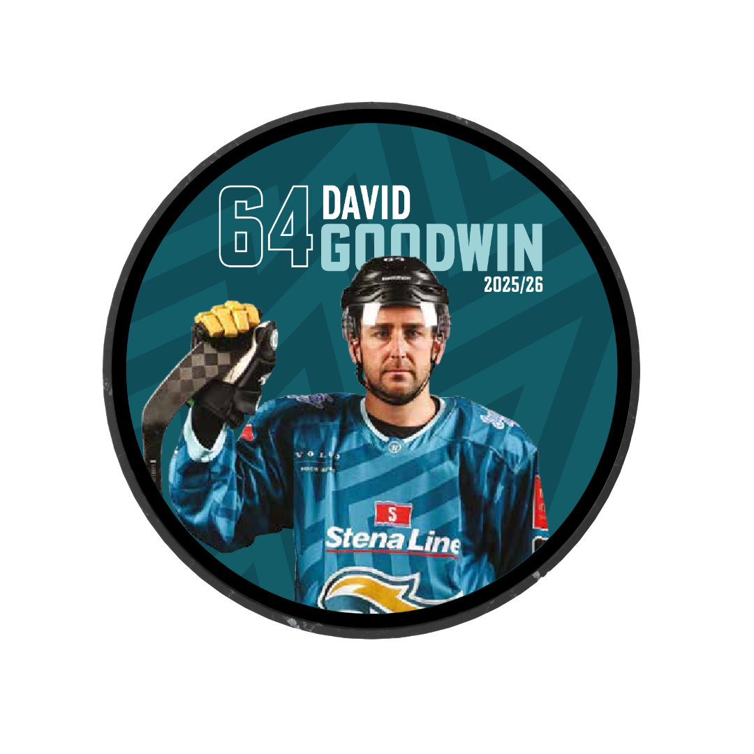 The 2025-26 Player Puck by Belfast Giants showcases player David Goodwin in a blue jersey with a hockey stick and the text "64 David Goodwin 2025/26" on a teal background. This limited edition ice hockey puck is perfect for fans.