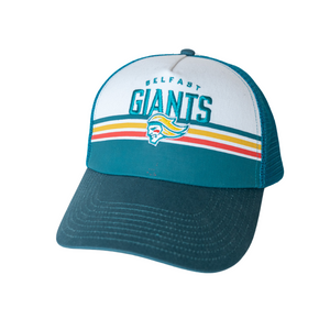 The Belfast Giants Cap Teal/White Peak features the team name, a stylized mascot logo, and colorful horizontal stripes on the front panel in teal and white.