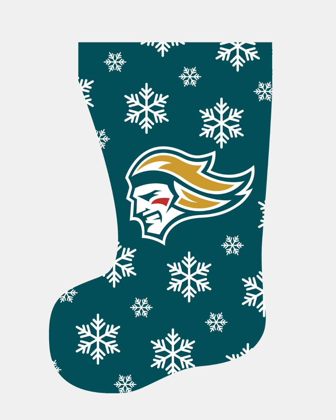 The Belfast Giants Christmas Stocking from the Belfast Giants Store by National Merchandise is teal with white snowflakes and features the team’s fierce head logo with flowing hair and a red cheek mark.
