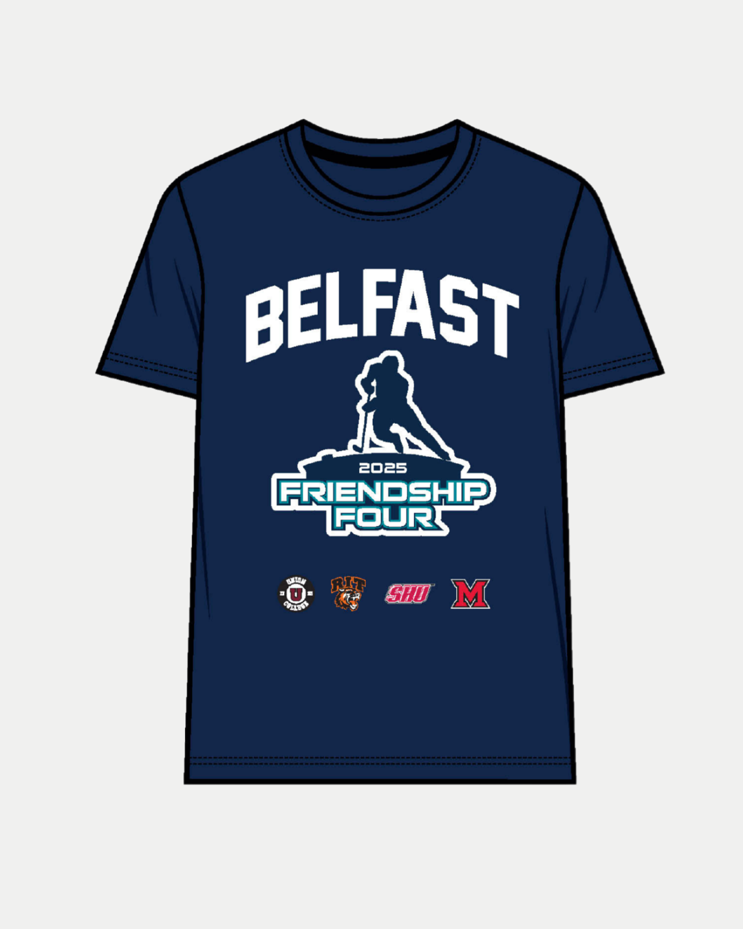 The CLICK & COLLECT Friendship Four 2025 T-Shirt from Belfast Giants Store features navy blue fabric, bold white "BELFAST" text, a hockey player silhouette, SSE Arena Belfast, and four college hockey team logos below the graphic.