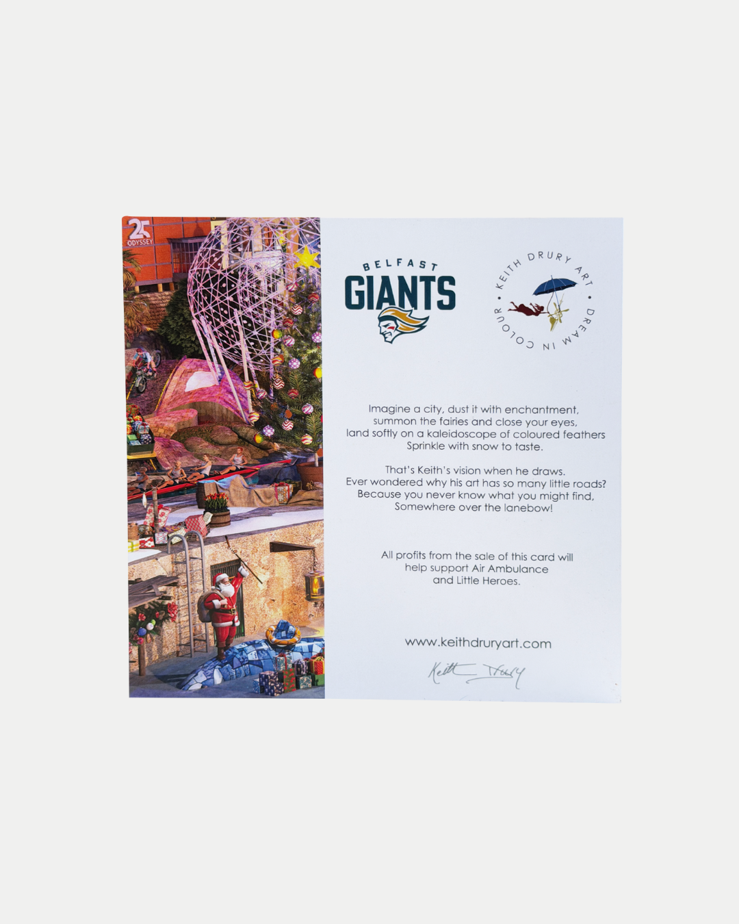 The Belfast Giants Charity Christmas Cards from the Belfast Giants Store by National Merchandise feature Keith Drury’s art, a festive poem, vibrant hockey imagery, and Little Heroes donation info.