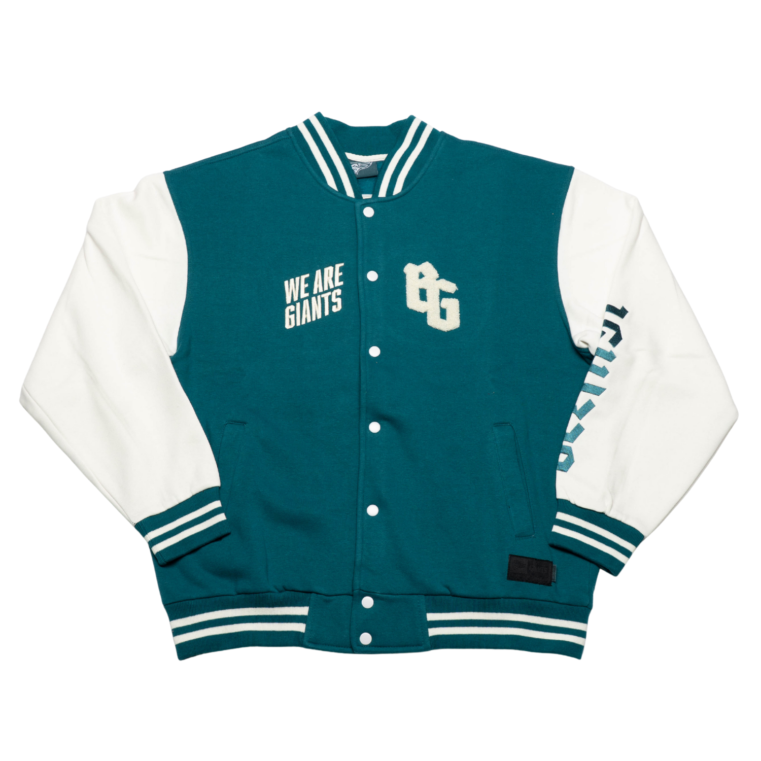 The Belfast Giants Varsity Jacket Teal features striped cuffs and collar, WE ARE GIANTS on the left chest, the Belfast Giants BG logo on the right, and GIANTS printed vertically down the right sleeve.