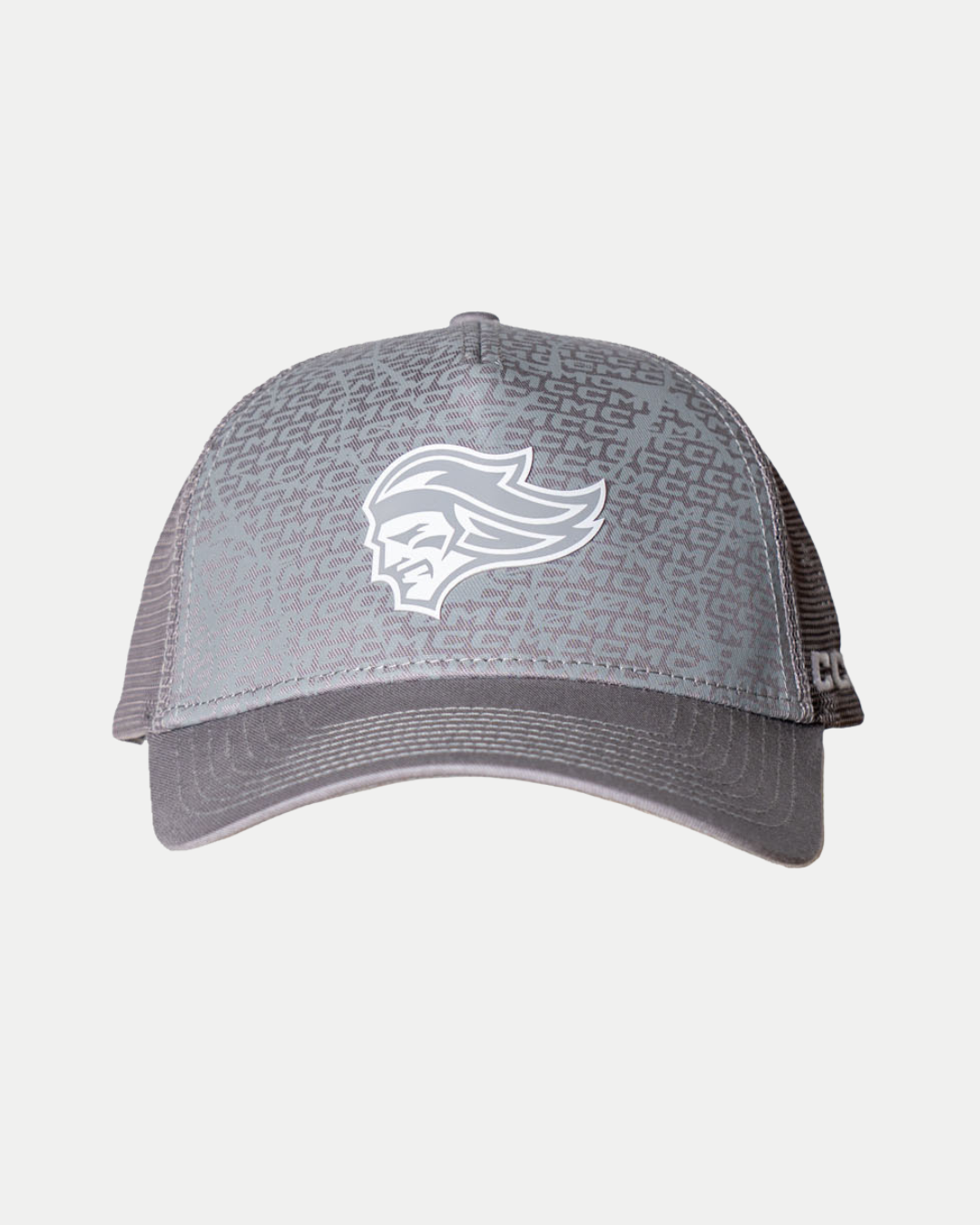 The 25-26 CCM Grey Cap from the Belfast Giants Store features a white warrior head logo on the front, a subtle geometric pattern, and darker gray mesh back and sides.