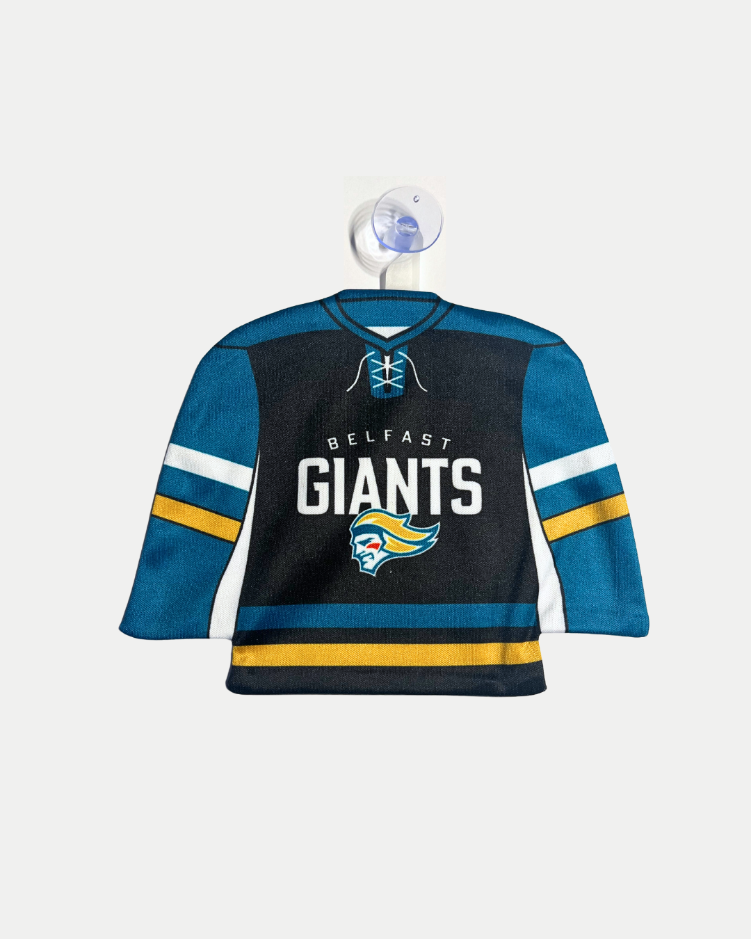 The Belfast Giants Mini Car Jersey by Belfast Giants Store/National Merchandise features blue, gold, and white accents, plus team logo and text on the front. It hangs on a clear suction cup hook against a plain white background.