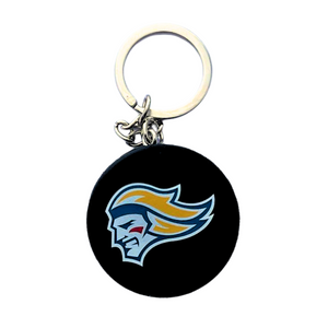 The Belfast Giants Mini Puck Keyring from Belfast Giants Store features a round black design with a stylized warriors side profile, including yellow hair, blue outlines, and a red eye.
