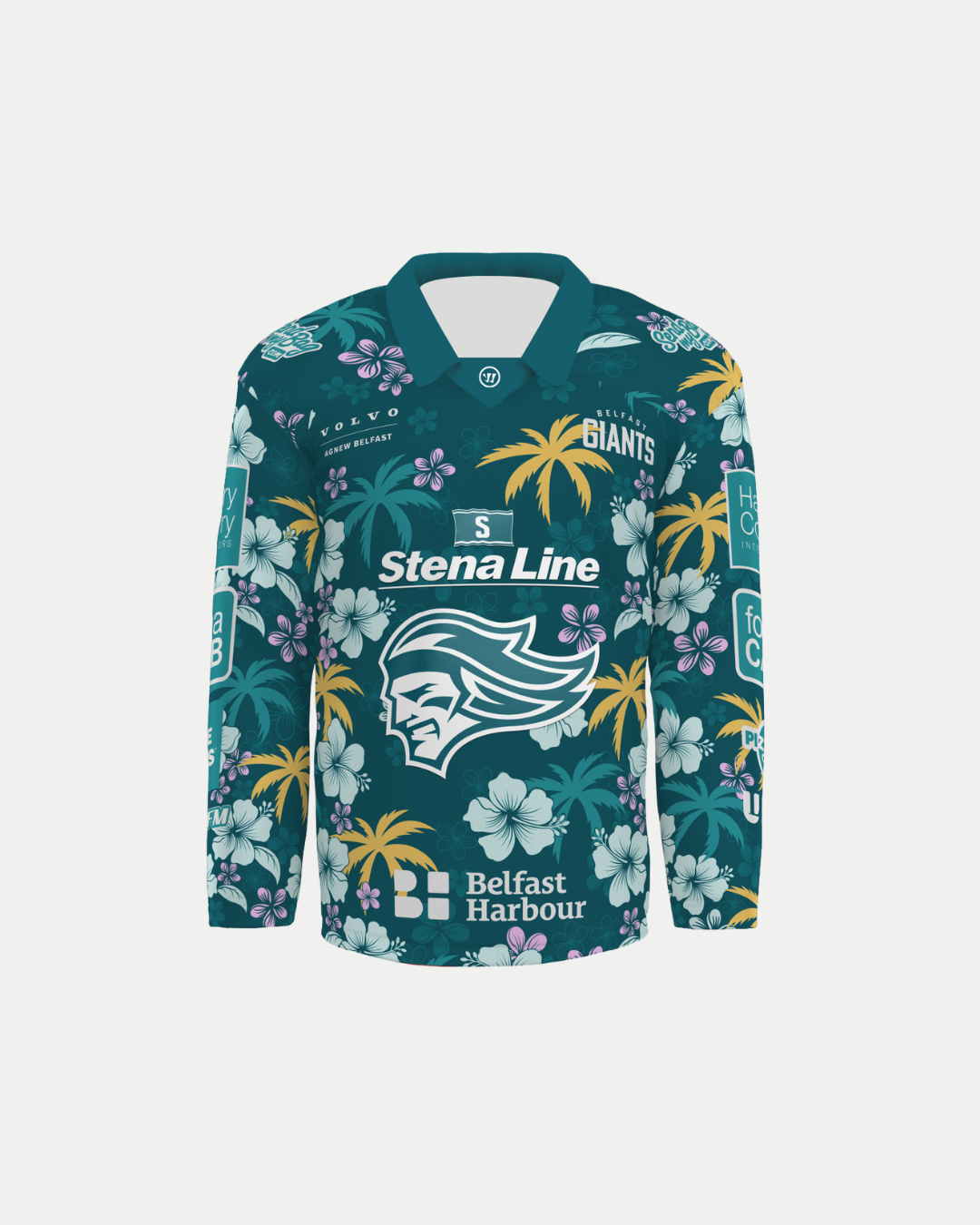 The Belfast Giants Custom Hawaiian Night Replica 25/26 Jersey from Belfast Giants Store by National Merchandise features a teal tropical floral pattern with palm trees, hibiscus flowers, and logos for Stena Line, Belfast Harbour, and the Giants.