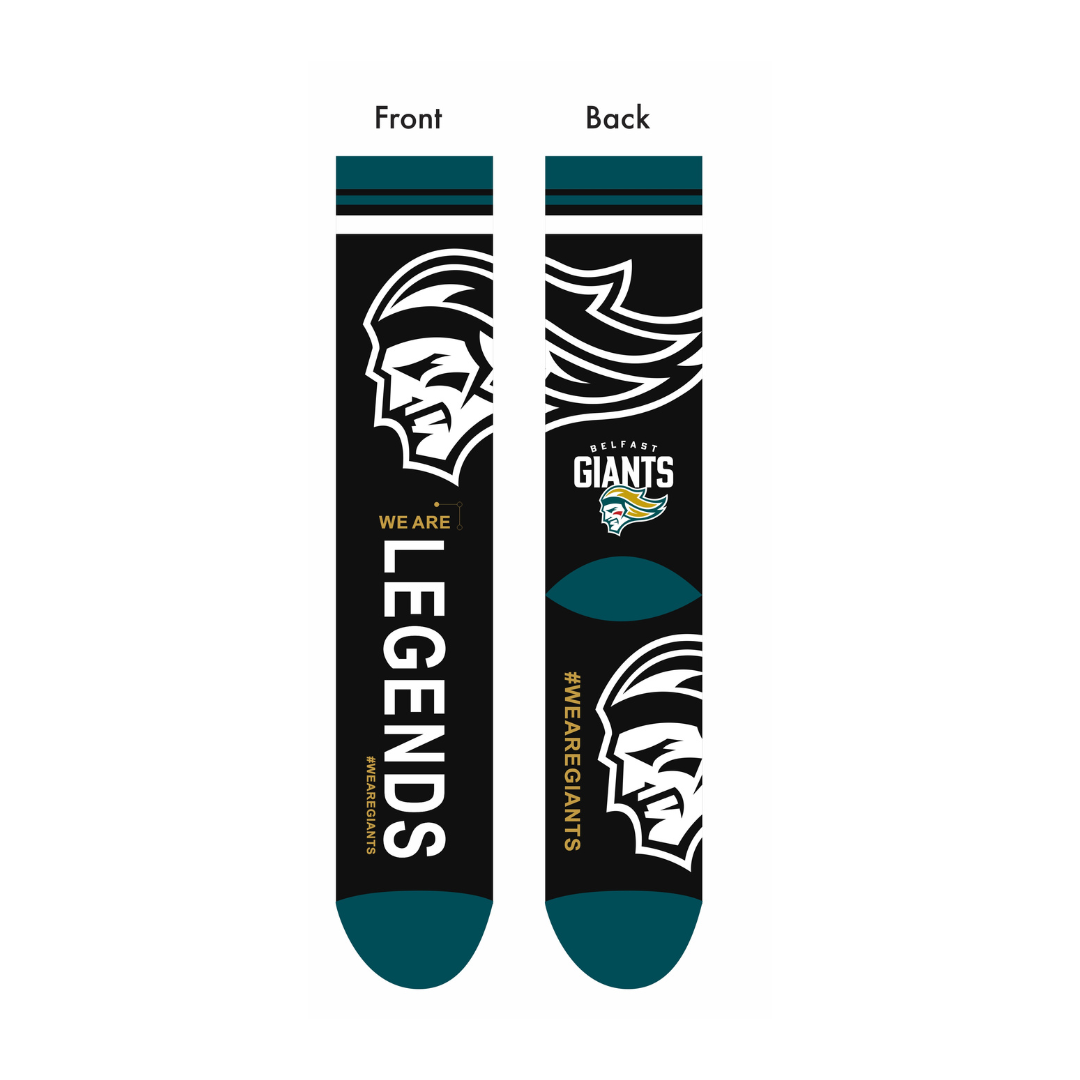 Belfast Giants Socks Black: These black socks feature a stylized helmeted figure in black, white, and teal, “WE ARE LEGENDS” on the front, and the Belfast Giants logo with #WEAREGIANTS in yellow on the back. Brand: Belfast Giants.