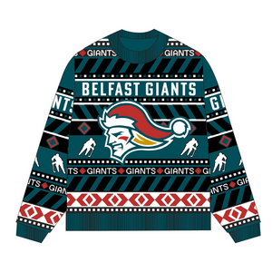 The Belfast Giants Christmas Jumper from Belfast Giants Store by National Merchandise features the team logo with a Santa hat, name, and festive teal, red, black, and white patterns with diamonds, lines, and hockey player silhouettes.