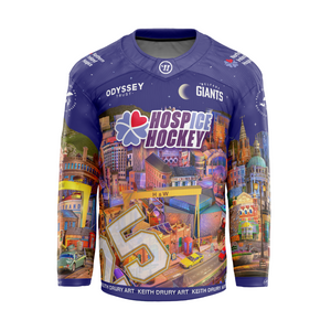 The Belfast Giants Custom Hospice Hockey Sublimated Replica 24/25 Jersey features vibrant cityscape art, sponsor logos, a heart-shaped HOSPICE HOCKEY crest, number 15, and “Keith Drury Art” near the hem. Click & Collect only at Belfast Giants Store.