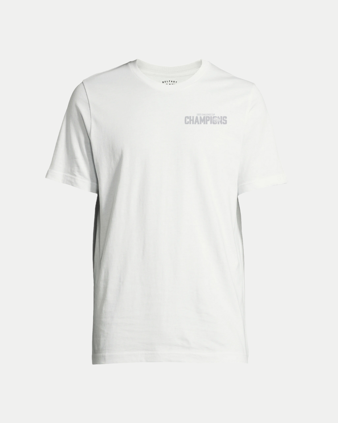 The Belfast Giants Made To Order Challenge Cup Champions 2025 T-shirt in white features "CHAMPIONS" in light gray on the upper left chest, a crew neckline, and a minimal unisex design for a classic look.