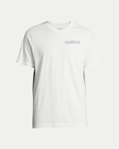 The Belfast Giants Made To Order Challenge Cup Champions 2025 T-shirt in white features "CHAMPIONS" in light gray on the upper left chest, a crew neckline, and a minimal unisex design for a classic look.