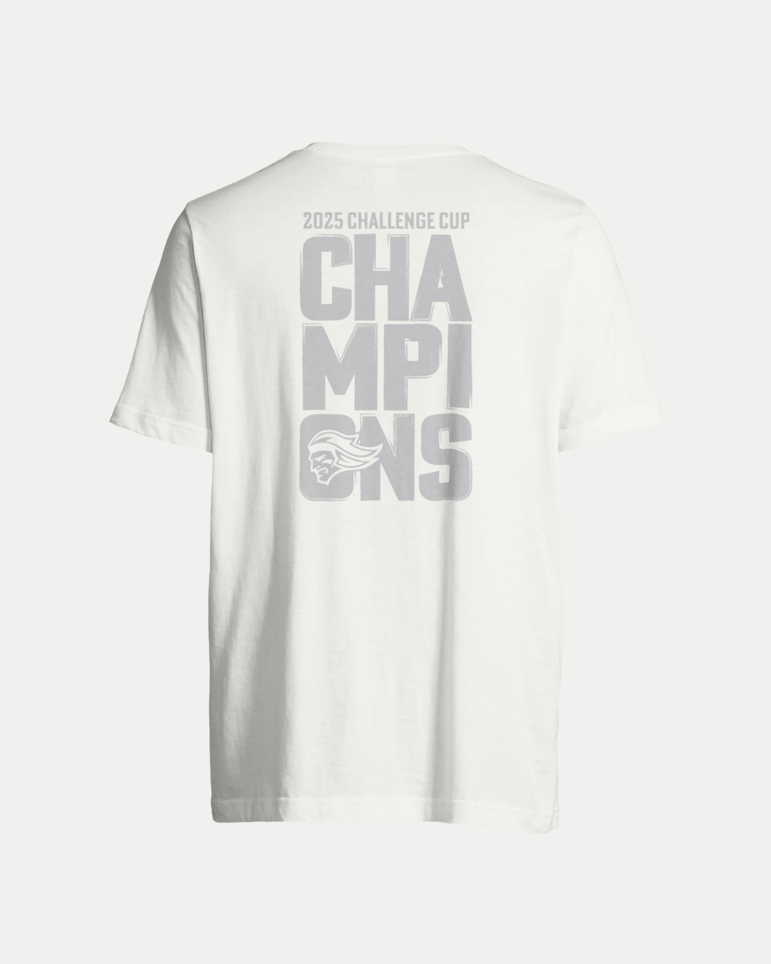 The Belfast Giants Made To Order Challenge Cup Champions 2025 T-shirt in white features bold gray “2025 CHALLENGE CUP CHAMPIONS” text and a stylized eagle head on the back—an eco-friendly unisex choice for celebrating in style.