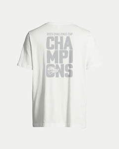 The Belfast Giants Made To Order Challenge Cup Champions 2025 T-shirt in white features bold gray “2025 CHALLENGE CUP CHAMPIONS” text and a stylized eagle head on the back—an eco-friendly unisex choice for celebrating in style.