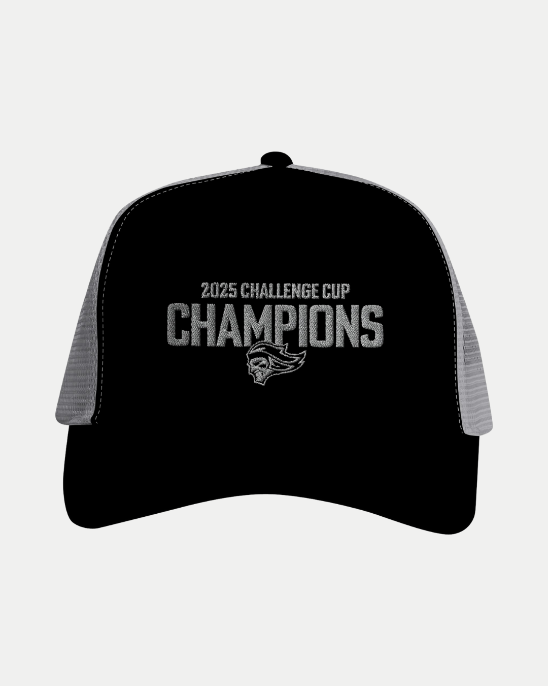 The Belfast Giants Made To Order Challenge Cup Champions 2025 Snapback Trucker features a black and gray design with a stylized embroidered team logo on the front.