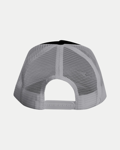 A back view of the Belfast Giants Made To Order Challenge Cup Champions 2025 Snapback Trucker, featuring a gray mesh back, black top panel, and adjustable closure—breathable and perfect for fans.