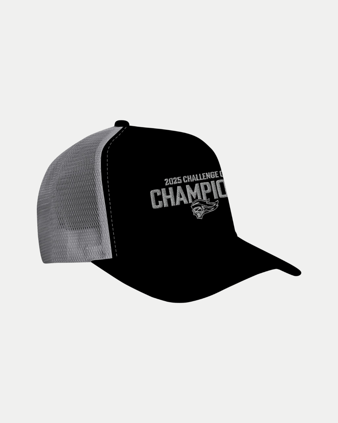 The Belfast Giants Made To Order Challenge Cup Champions 2025 Snapback Trucker features black and gray panels, white mesh sides, and "2025 Belfast Giants Challenge Cup Champions" embroidered on the front above a small logo.